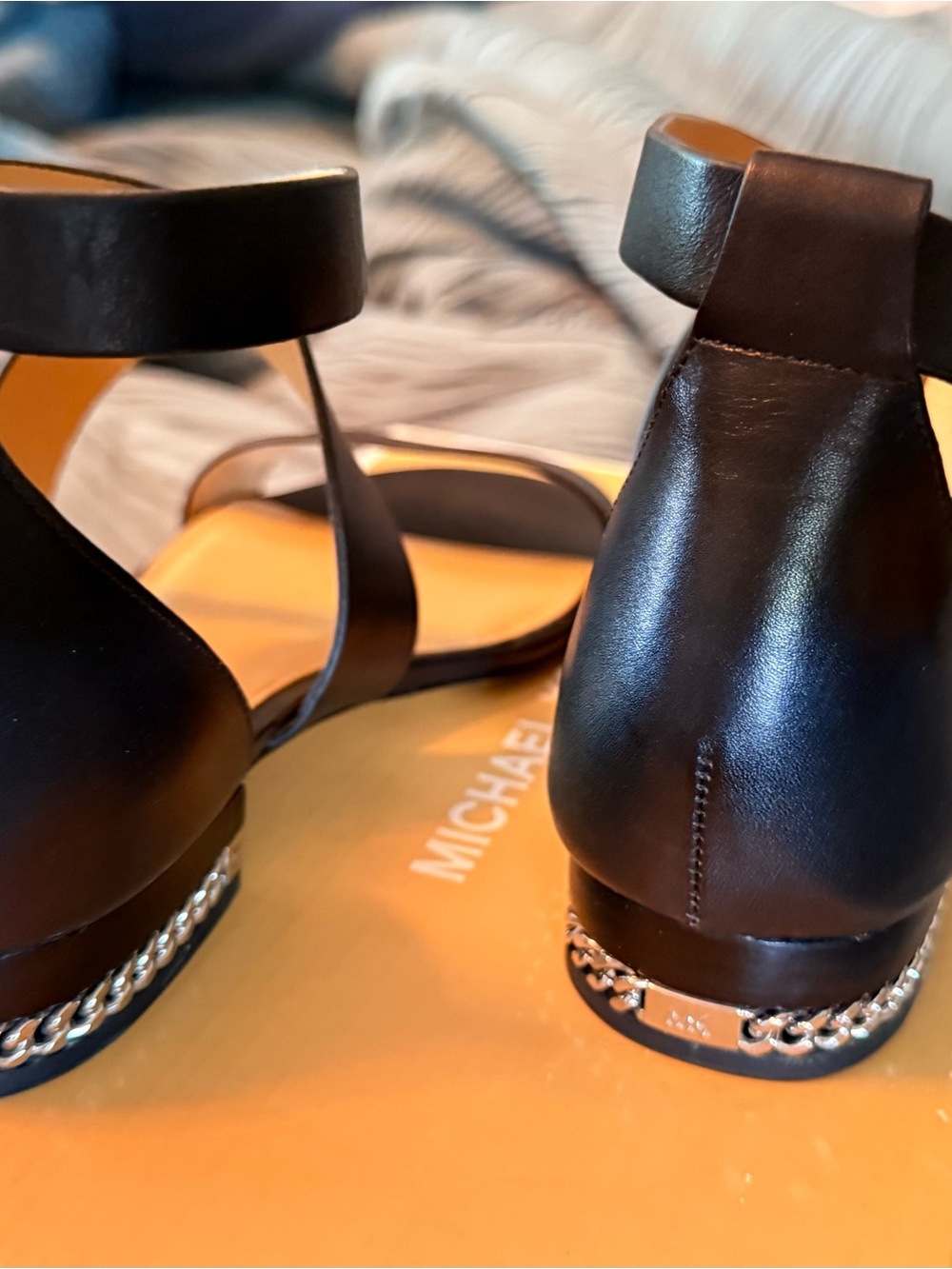 Michael Kors Black Leather Ankle-Strap Heels with Chain Accent
